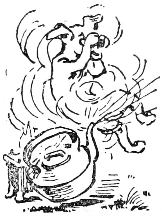 A pen-and-ink cartoon of Montmorency the fox terrier spinning in the air above an upturned kettle, drawn in a whirl of motion lines