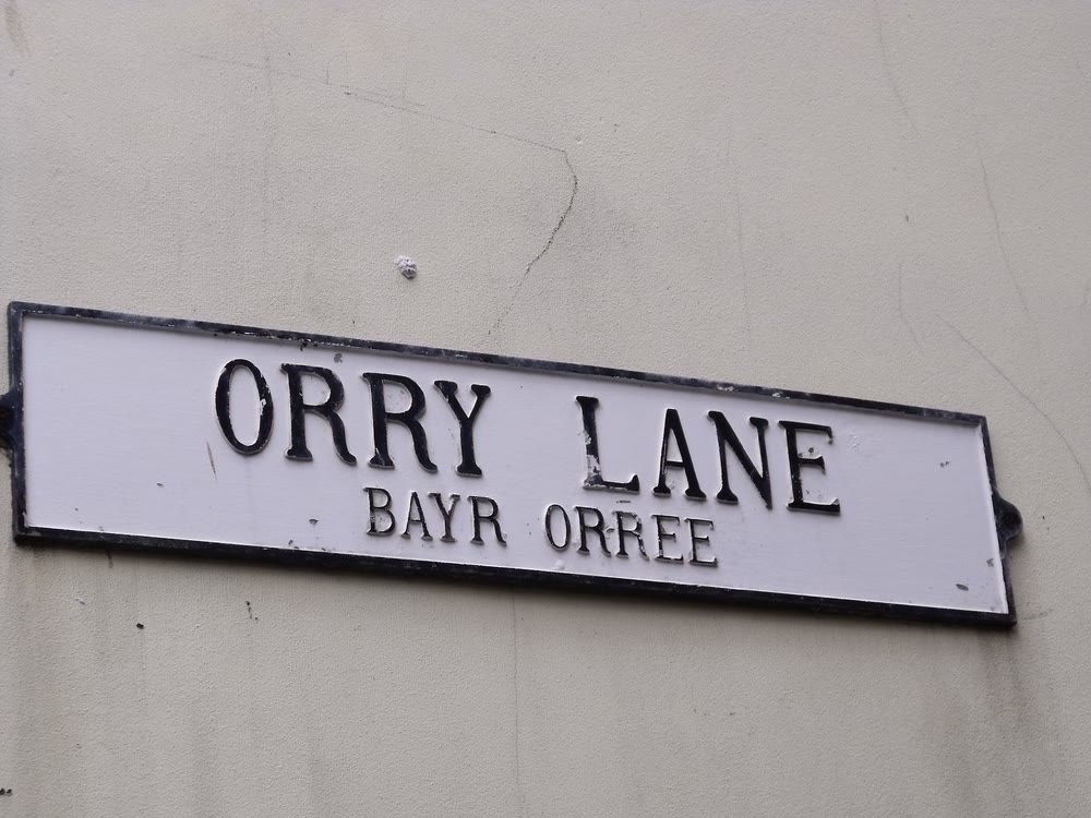 White metal street sign with a black border on a cream wall, reading Orry Lane in large capitals and Bayr Orree in smaller capitals underneath