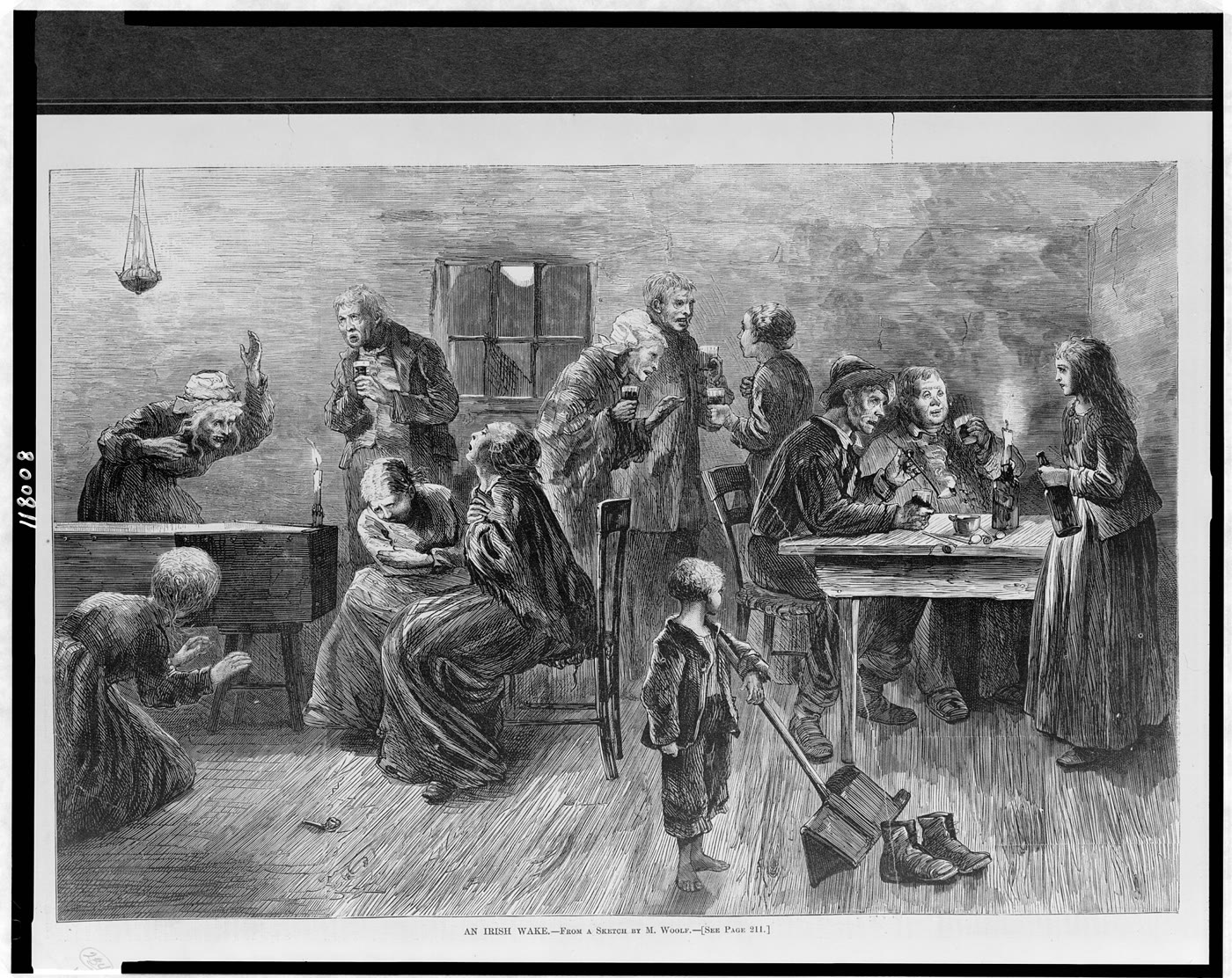1873 wood engraving of a crowded Irish wake: women keen beside a candlelit coffin while men drink and smoke at a table