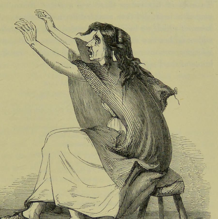 1840s wood engraving of an Irish keening woman with long loose hair, seated on a stool with both arms raised as she laments