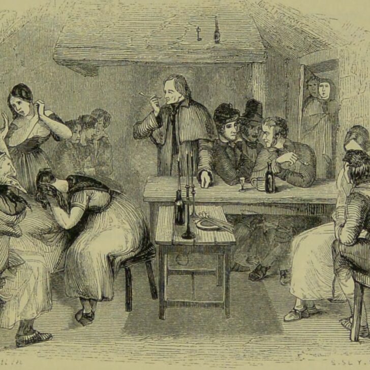 Engraving of a crowded 1840s Irish wake: mourners gather by candlelight around a table in a cabin while women keen