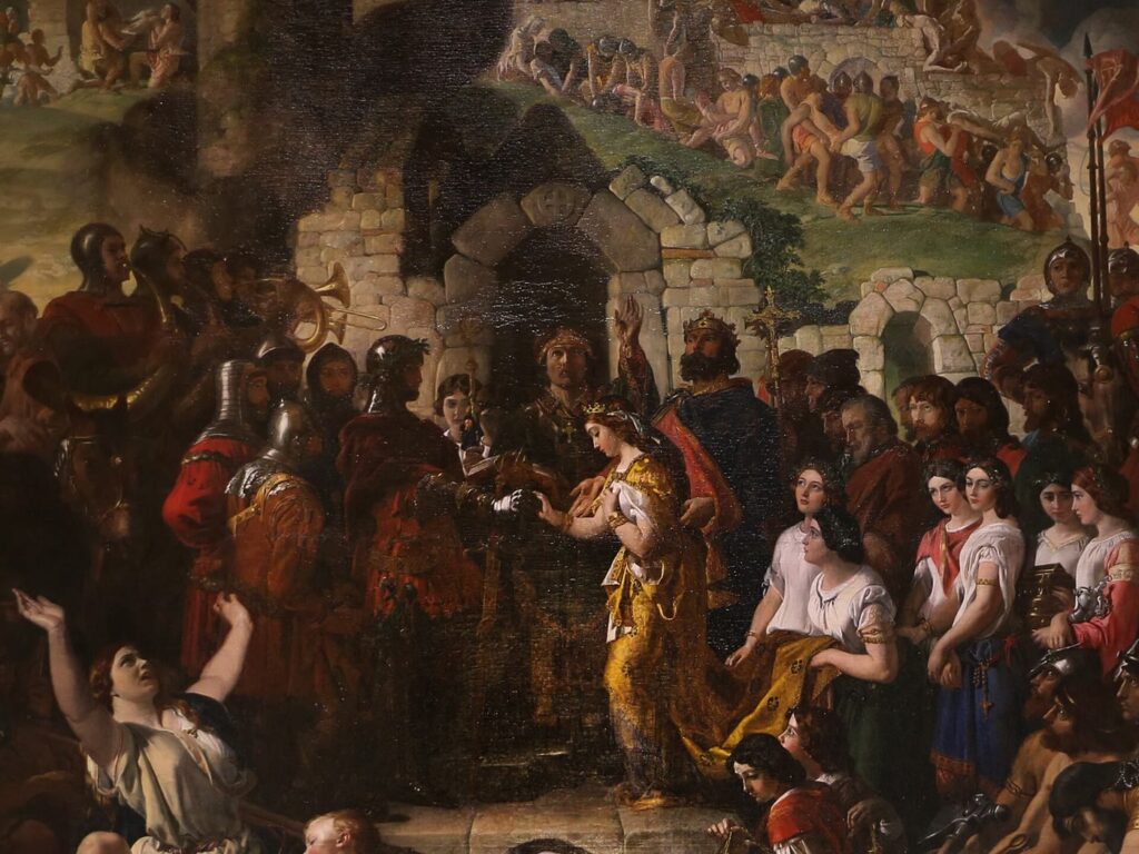 Detail of Daniel Maclise's painting of the 1170 marriage of Strongbow and Aoife at Waterford: the armoured groom takes the bride's hand under a stone arch, the bride in gold, with bridesmaids, a king and soldiers around them