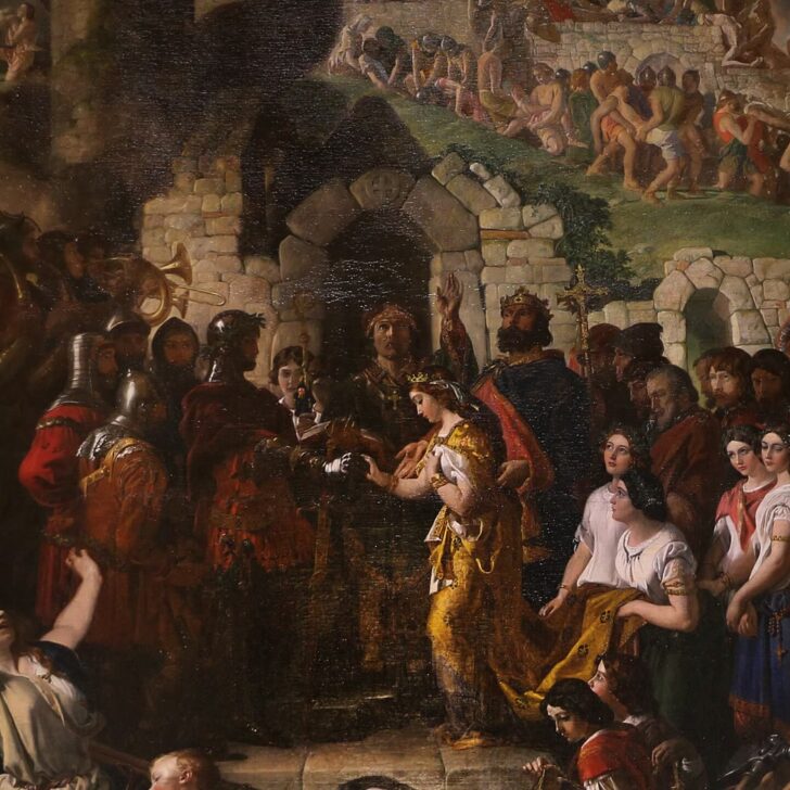 Detail of Daniel Maclise's painting of the 1170 marriage of Strongbow and Aoife at Waterford: the armoured groom takes the bride's hand under a stone arch, the bride in gold, with bridesmaids, a king and soldiers around them