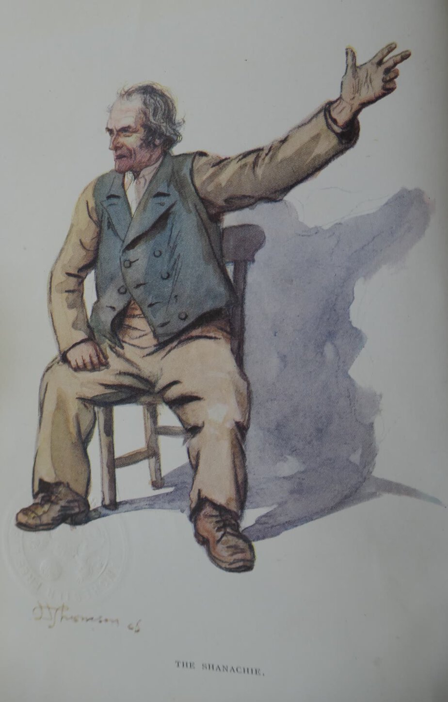 Watercolour of an old Irish storyteller in a waistcoat and work boots, sitting on a wooden chair with one arm flung out as he tells a tale