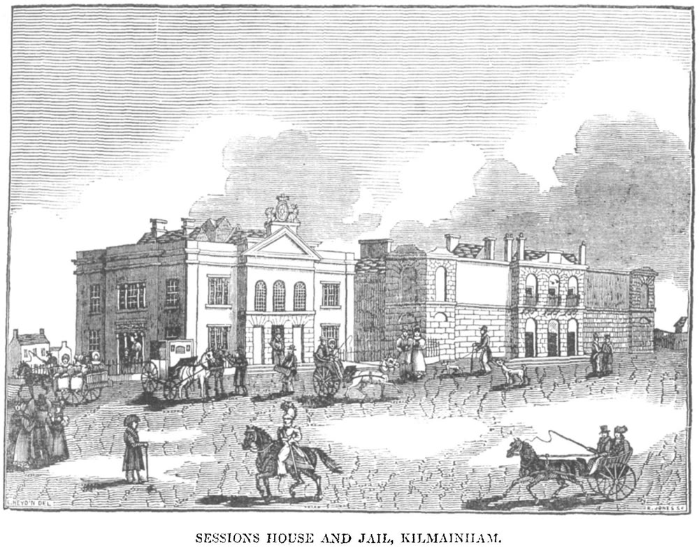 1836 engraving of the Kilmainham courthouse and the stone gaol beside it, with horse-drawn carriages, riders and people walking on the street in front