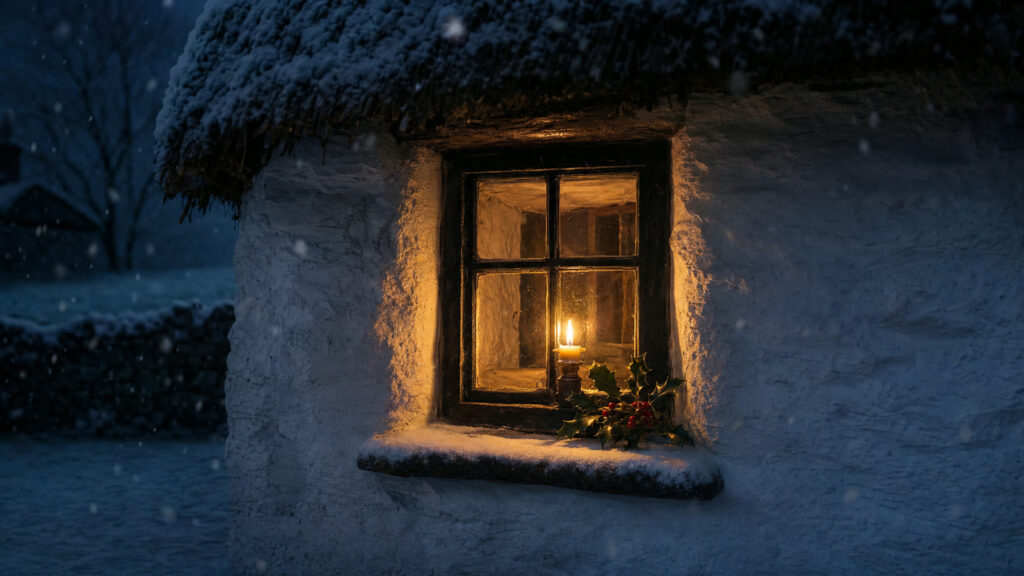 A single candle glowing in the window of a thatched Irish cottage on a snowy Christmas Eve, with holly on the sill