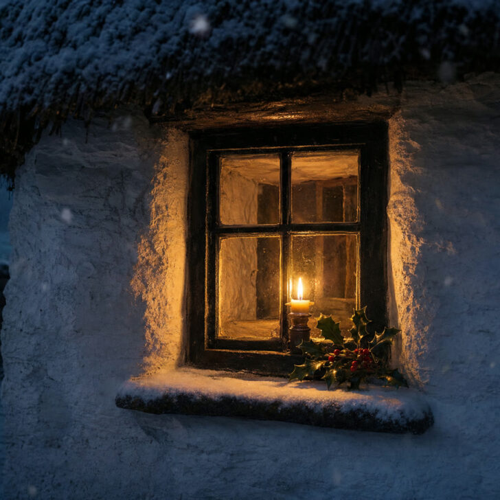 A single candle glowing in the window of a thatched Irish cottage on a snowy Christmas Eve, with holly on the sill