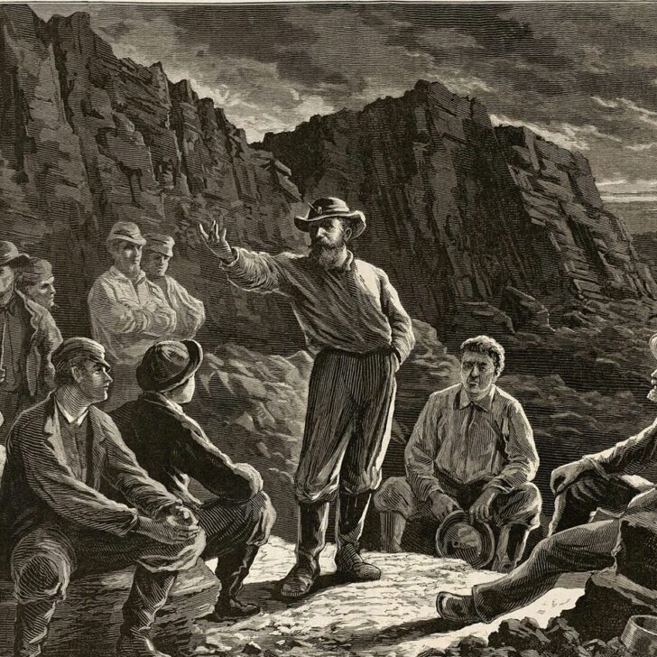 Molly Maguires meeting: 1874 Harper's Weekly engraving of Pennsylvania coal miners gathered among rocks at dusk, listening to a bearded man in a wide-brimmed hat