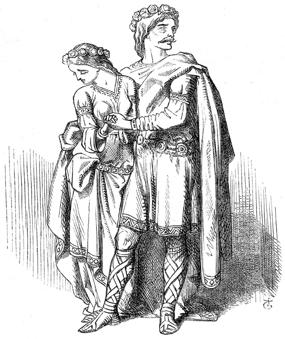1859 line drawing of a knight in a long cloak and a young woman in a flowered headdress walking hand in hand