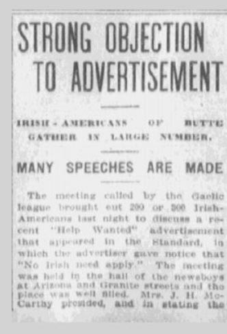 Anaconda Standard headline from 1909: Strong Objection to Advertisement, Irish-Americans of Butte gather in large number