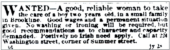 1868 Boston Transcript ad for a woman to care for a two-year-old boy in Brookline, ending "no Irish need apply"