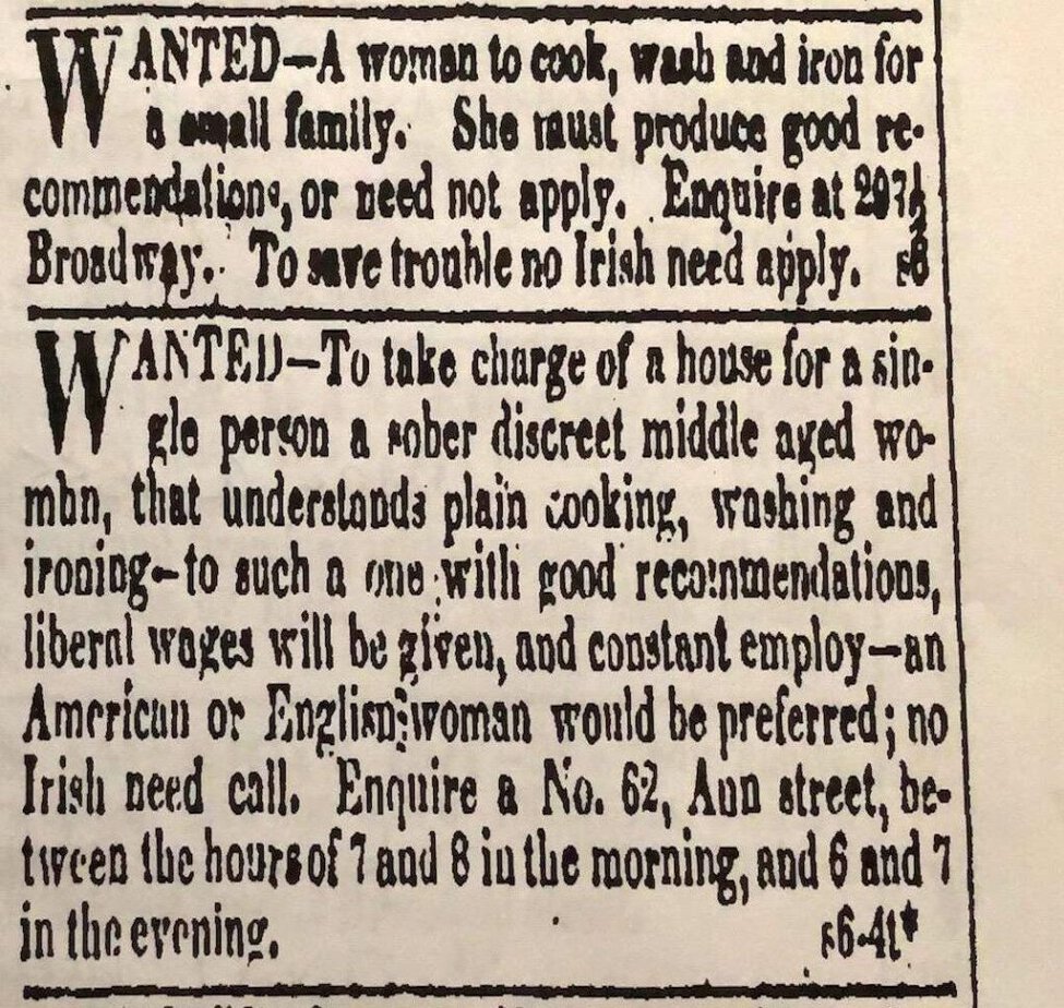 1828 New York Evening Post job ads, one for a cook ending To save trouble no Irish need apply