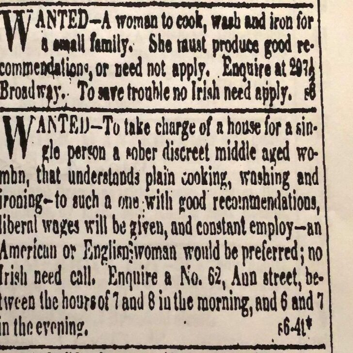 1828 New York Evening Post job ads, one for a cook ending To save trouble no Irish need apply