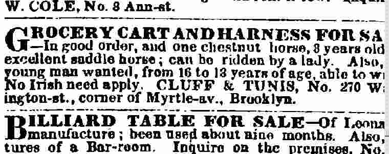 1854 New York Times ad from Cluff and Tunis of Brooklyn selling a grocery cart and horse and wanting a young man aged 16 to 18, with the line "No Irish need apply"