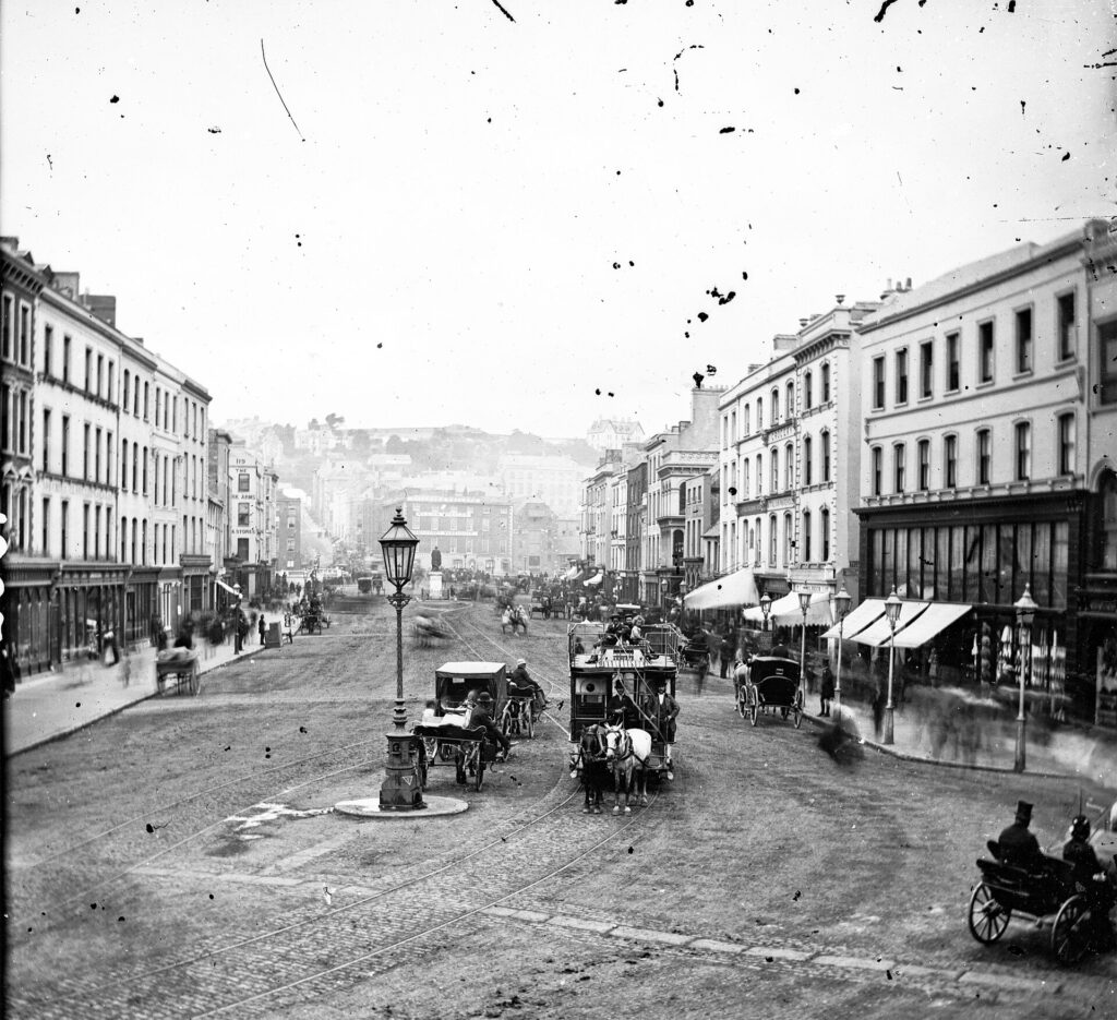 A horse-drawn tram on Patrick Street, Cork, in the late 1800s