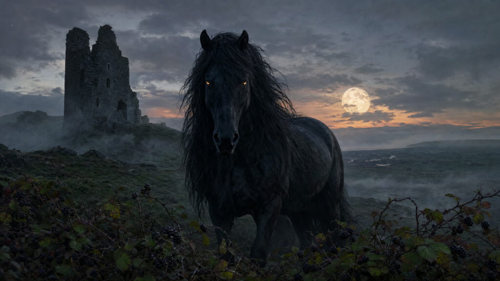 A wild black horse with glowing eyes on a misty Irish hillside at dusk beside blackberry brambles, the púca of Irish folklore