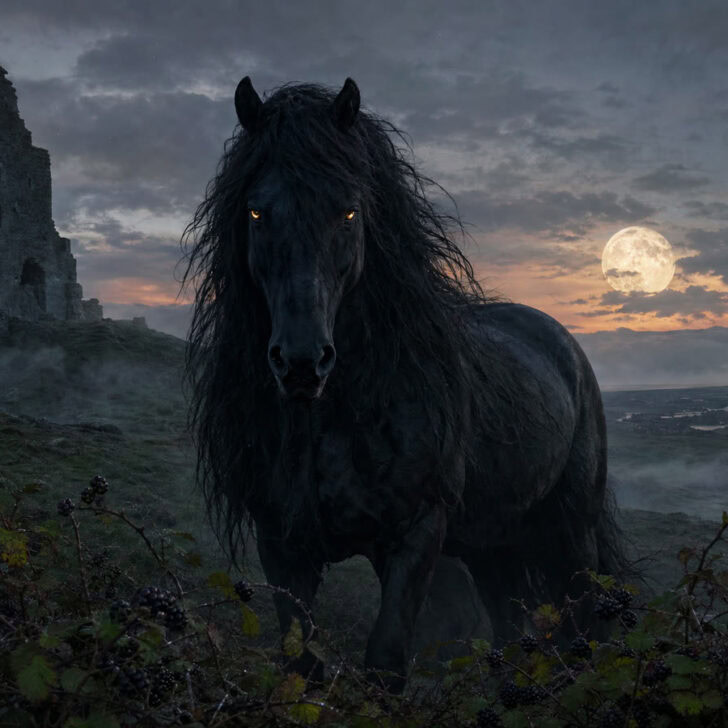 A wild black horse with glowing eyes on a misty Irish hillside at dusk beside blackberry brambles, the púca of Irish folklore
