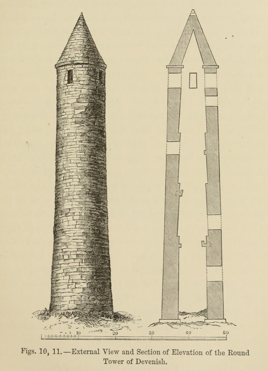 1881 engraving of the round tower on Devenish Island: on the left the stone tower with its conical cap, on the right a cutaway section showing the thick walls, floor ledges and a doorway well above the ground