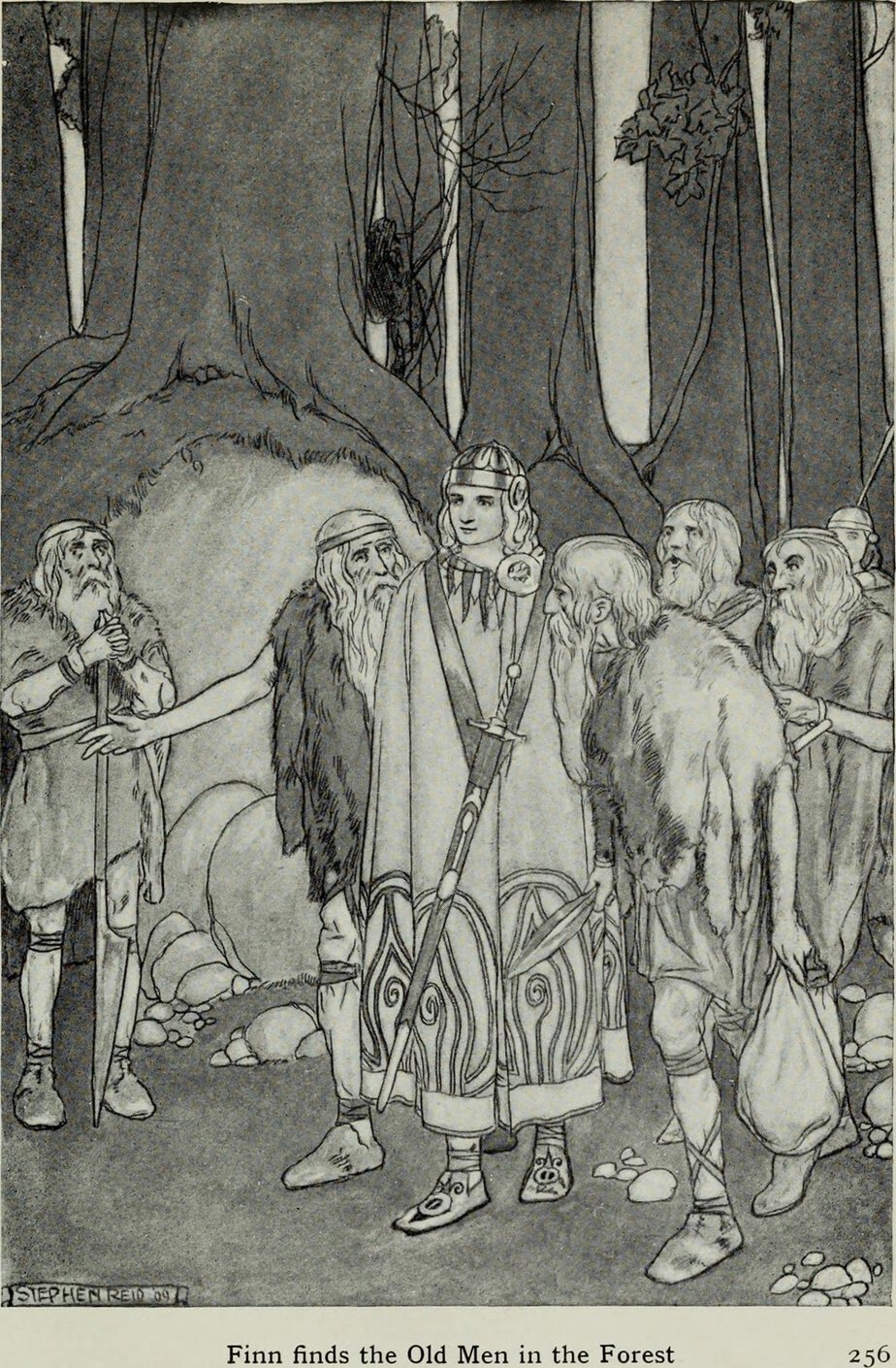 Early 1900s drawing of young Fionn mac Cumhaill in a long patterned cloak and a circlet, surrounded by bearded old warriors in a forest