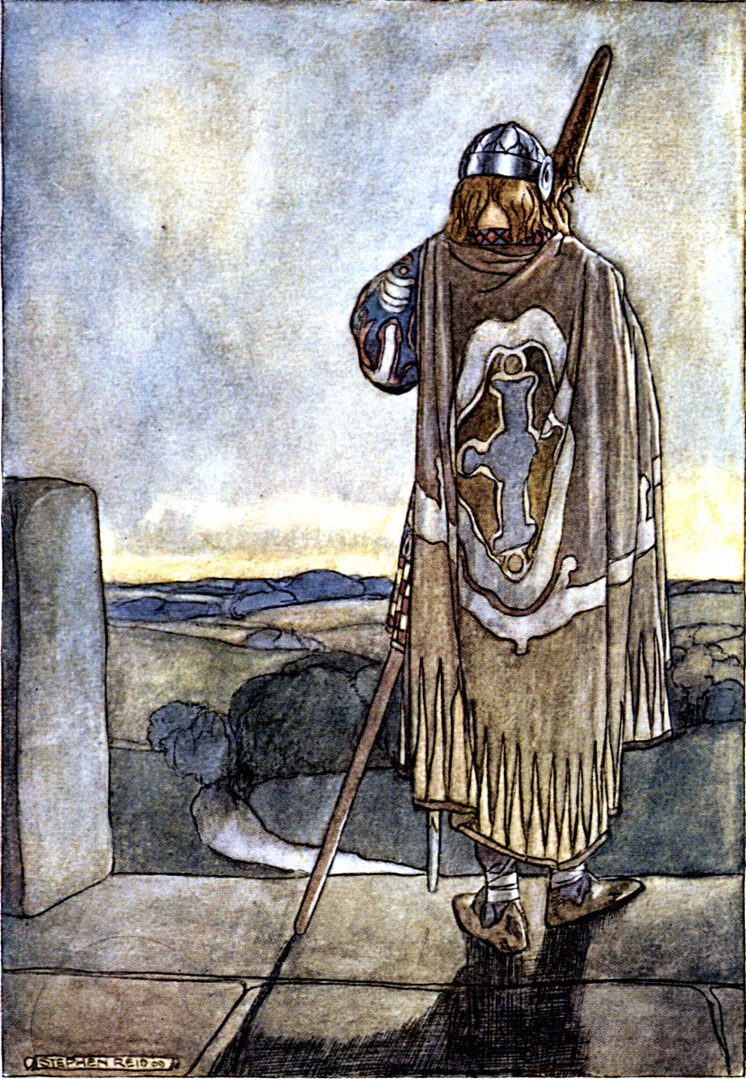Colour illustration of Fionn mac Cumhaill seen from behind in a helmet and long patterned cloak, leaning on a spear as he keeps watch over the countryside at dusk