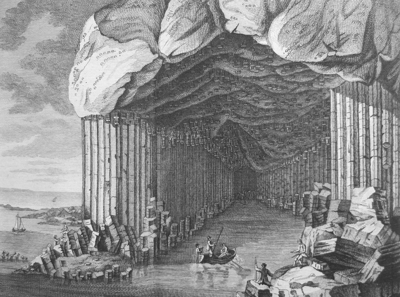 18th-century engraving of Fingal's Cave on Staffa: a high sea cave lined with tall basalt columns, with men in a rowing boat at its mouth