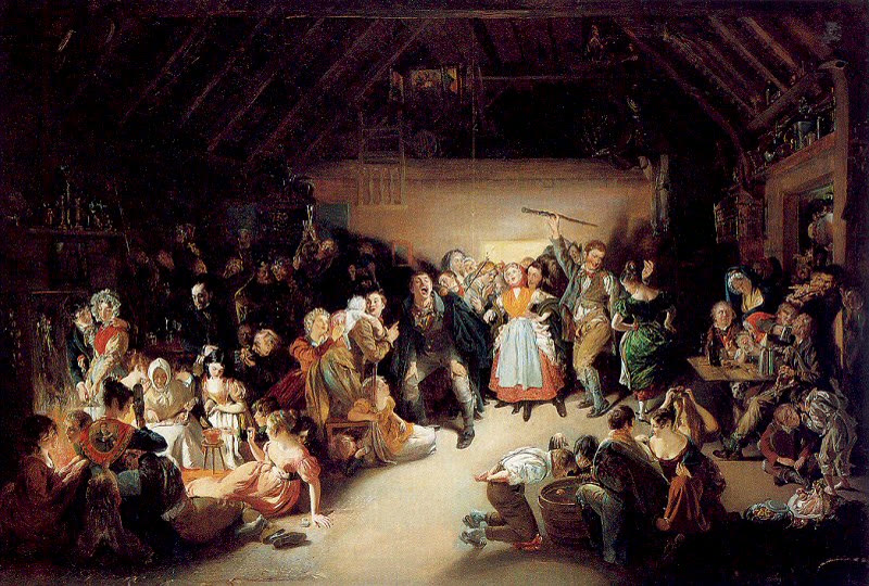 Daniel Maclise's 1833 painting Snap-Apple Night: a crowded, firelit room where villagers dance, young people duck for apples in a tub, and others gather by the hearth telling fortunes