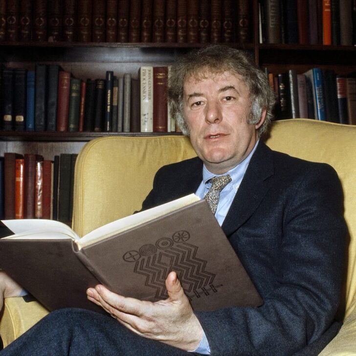Seamus Heaney in 1982, with grey curly hair, a dark jacket and tie, sitting in a yellow wing armchair in front of tall bookshelves and holding an open book