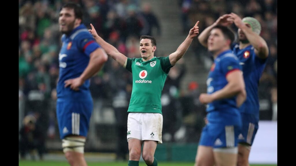 Johnny Sexton celebrates his drop goal against France in Paris, 2018