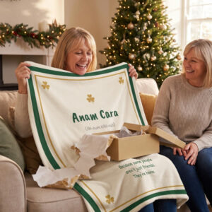 Anam Cara plush throw blanket with the Irish words and pronunciation