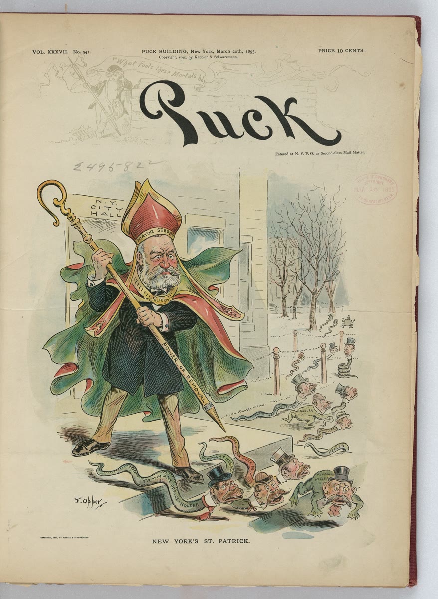 1895 Puck magazine cover cartoon of New York mayor William L. Strong in a bishop's mitre and green cloak, swinging a crozier labelled Power of Removal at snakes and frogs with the faces of Tammany Hall politicians outside City Hall