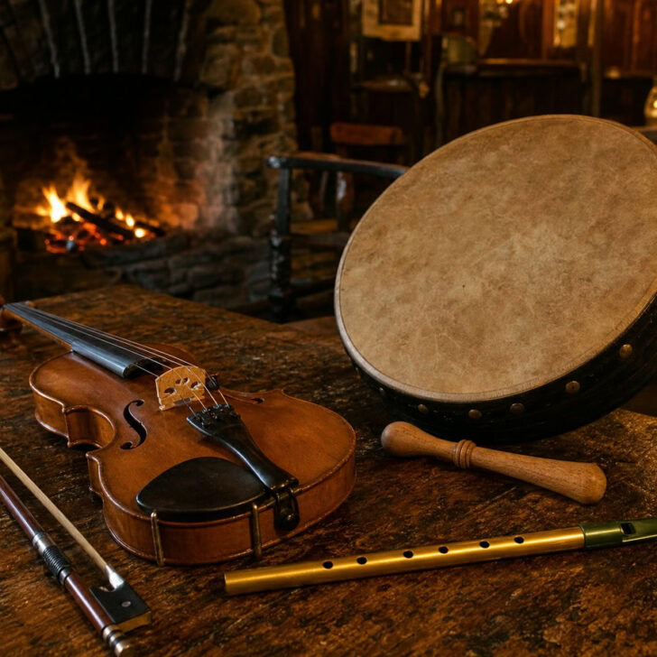 A traditional Irish music session on a pub table: a fiddle, a bodhrán, a tin whistle and a pint, in warm candlelight