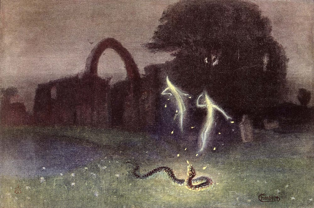 Two pale, ghostly will-o'-the-wisp figures glowing above a dark meadow beside the ruined arches of an old church at dusk, with a snake in the grass below