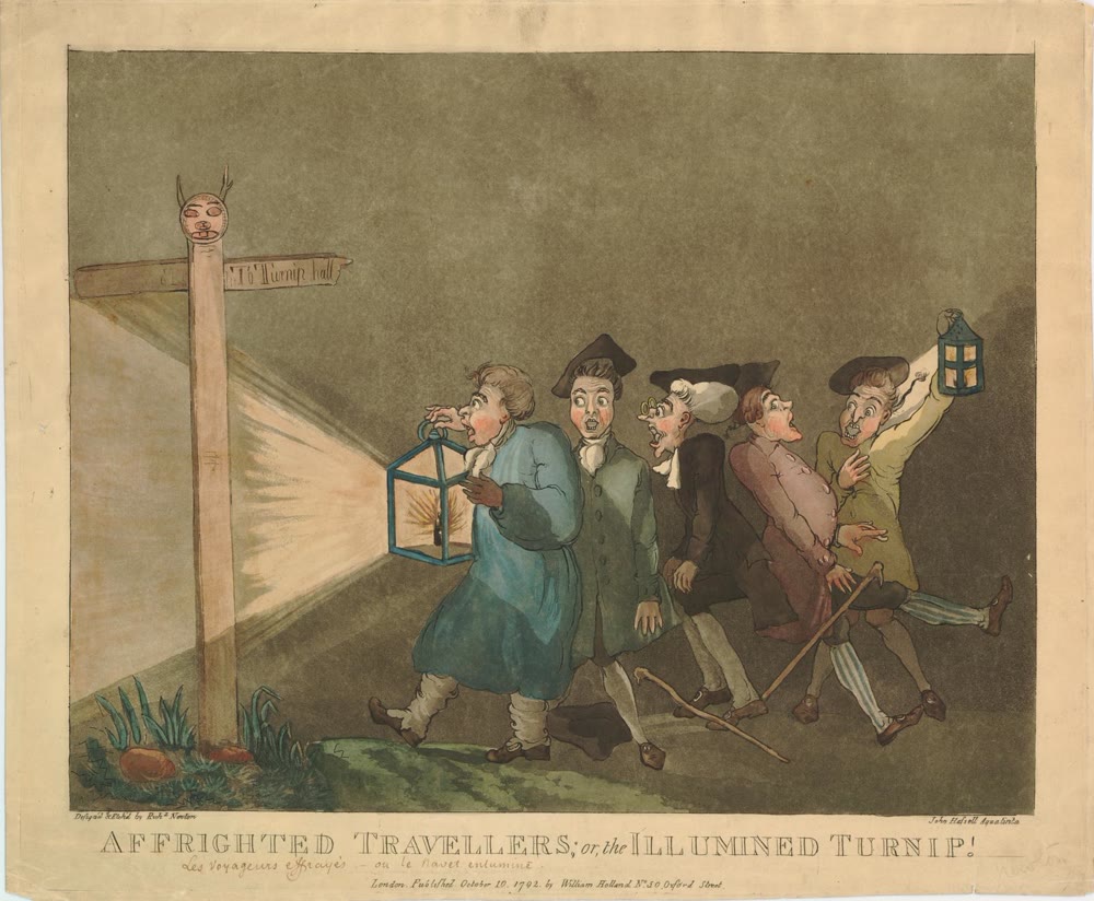 Hand-coloured 1792 satirical print of five frightened men with lanterns recoiling from a horned turnip face on top of a signpost pointing to Turnip Hall