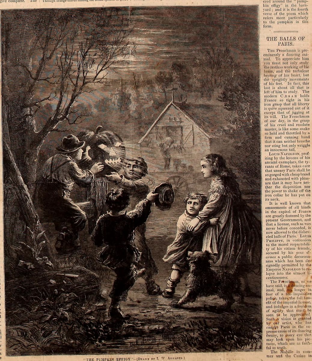 1867 wood engraving of country children at dusk: boys hold up a glowing carved pumpkin face beside a tree while a girl shields a smaller child, with a dog at their feet