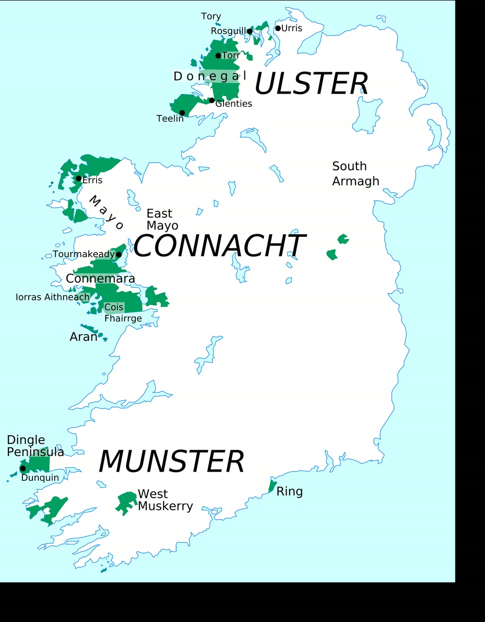 Map of Ireland with the Irish-speaking Gaeltacht areas shaded green, mostly along the west coast in Donegal, Mayo, Galway, Kerry, Cork and Waterford, plus two small patches in Co. Meath, labelled Ulster, Connacht and Munster