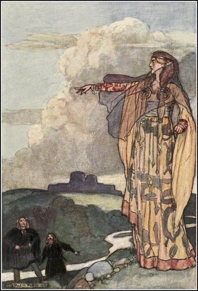 Colour illustration of a tall woman in a long patterned gown pointing angrily across the landscape, with a fort on a hill behind her and two men in dark cloaks shrinking away below