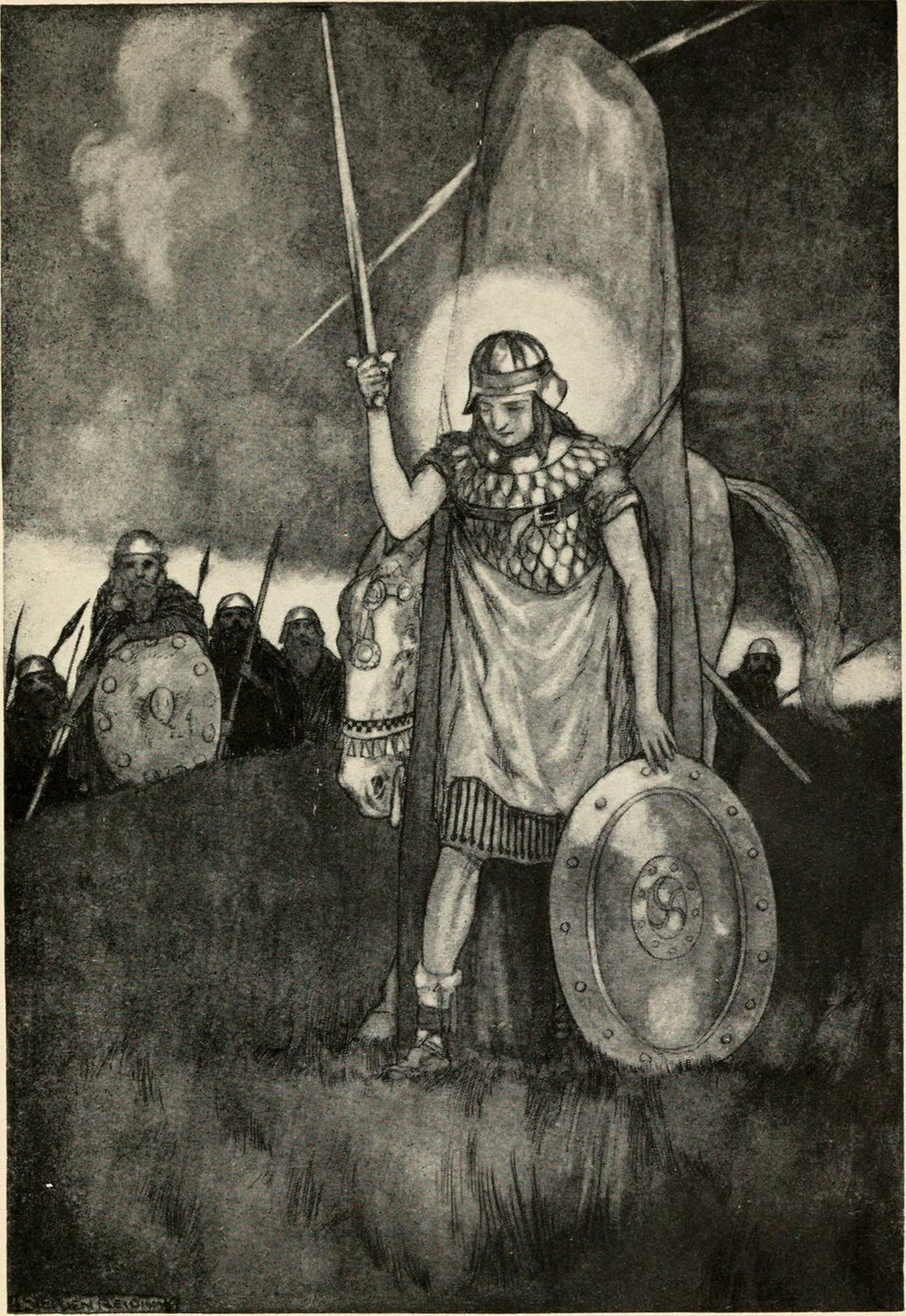 Black-and-white illustration of Cú Chulainn in a helmet and scaled tunic standing before a tall standing stone, sword raised and one hand on his round shield, his horse behind him and enemy warriors with spears and shields watching from the left
