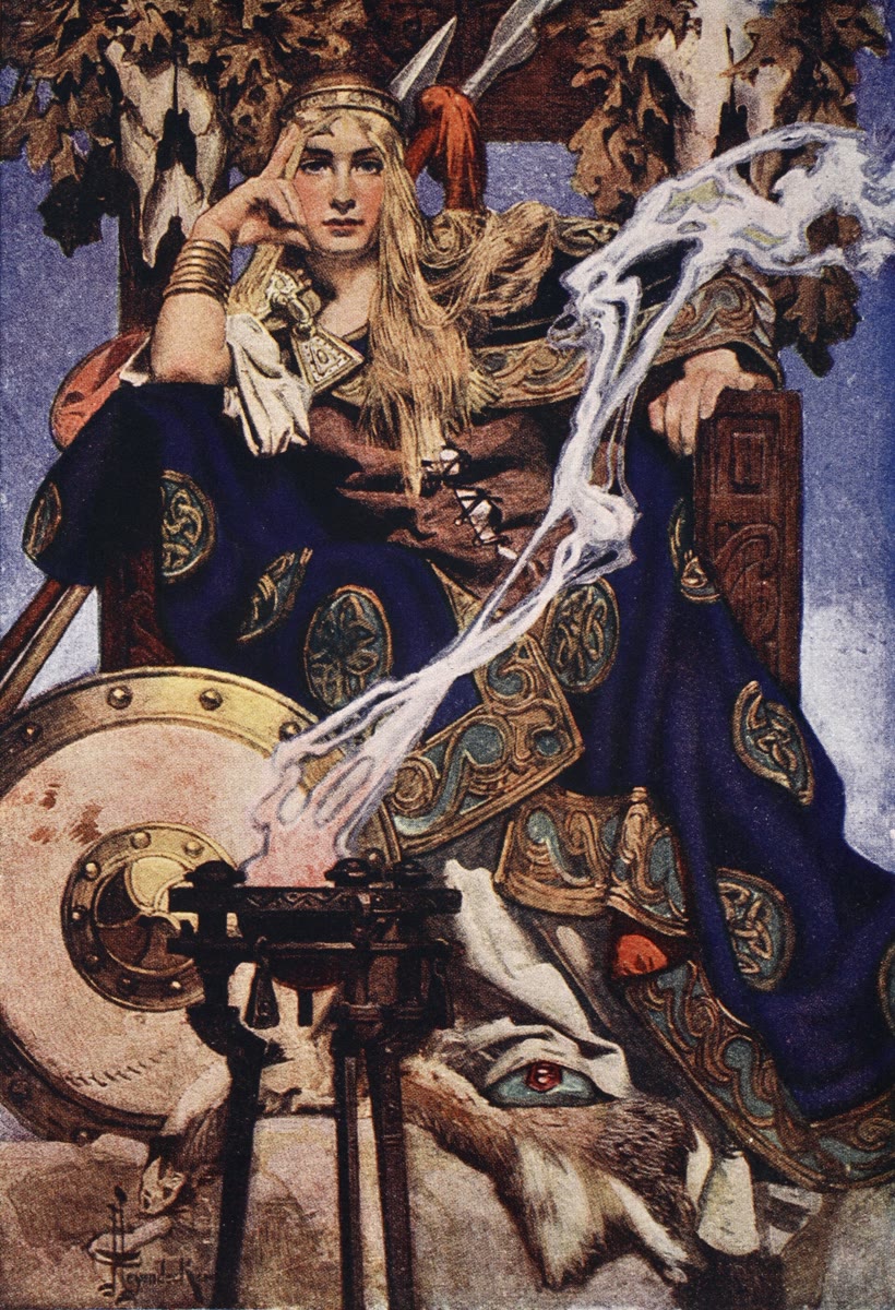 Painting of a fair-haired queen in a gold circlet and a blue embroidered cloak, seated on a carved throne with her head resting on one hand, a round shield and a smoking brazier in front of her