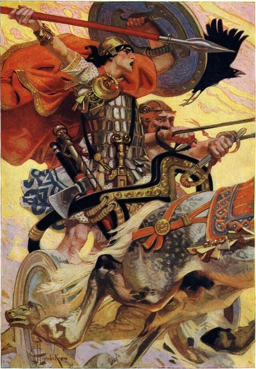 Colour painting of a young warrior in a bronze helmet and scale armour raising a spear in a racing chariot, with a black crow beside his round shield and his charioteer behind him