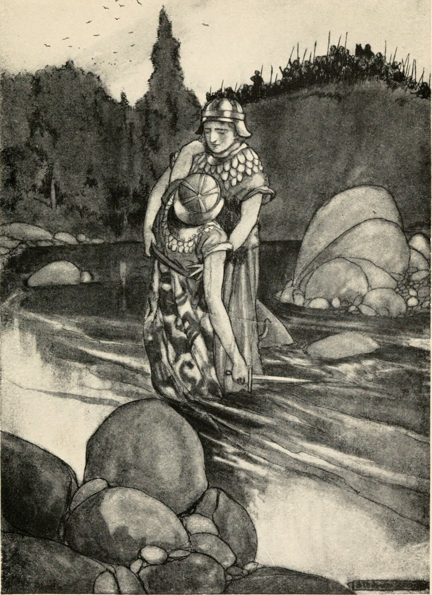 Illustration of a warrior in a helmet and scale armour wading across a rocky river, carrying the limp body of another armoured man, with an army watching from the far bank