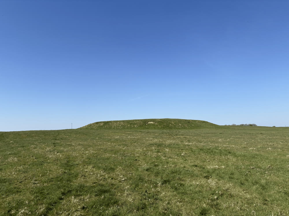 A low, broad grassy mound rising from flat green pasture under a clear blue sky at Rathcroghan, Co. Roscommon