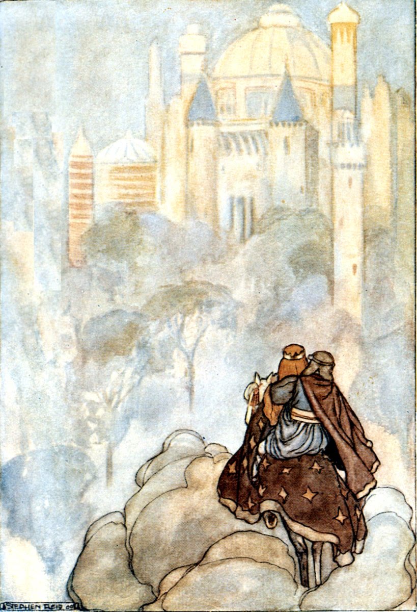 Early 1900s colour illustration of two riders sharing one horse, seen from behind under a star-patterned cloak, approaching a white palace with domes and towers through misty trees