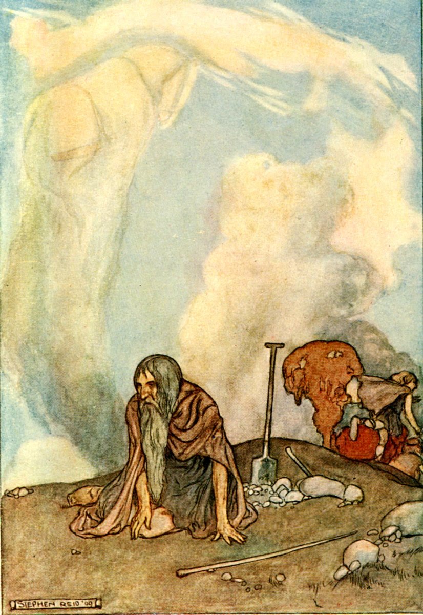 Early 1900s colour illustration of a white-bearded old man slumped on a hillside beside a spade, while small figures struggle with a boulder and a ghostly white horse fades into the clouds above