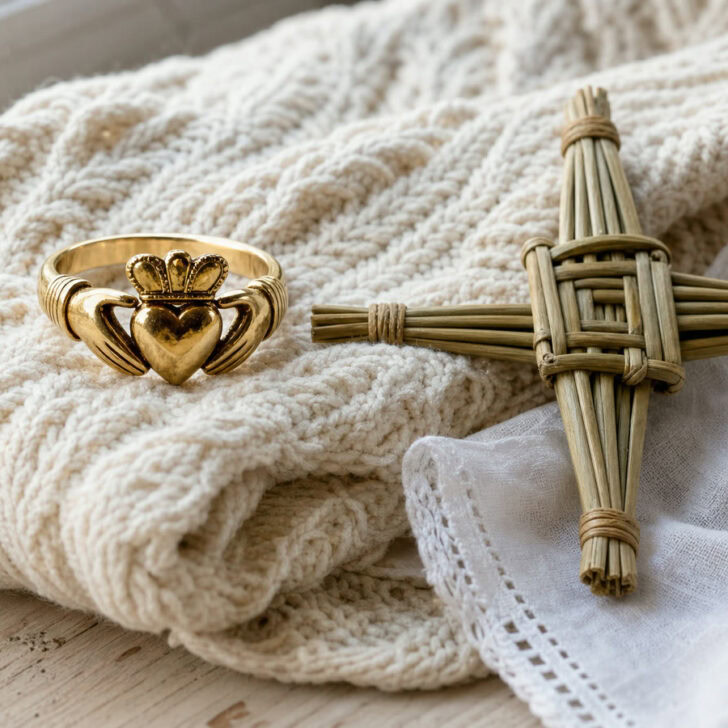 A gold Claddagh ring resting on a cream Aran knit beside a woven St Brigid's cross