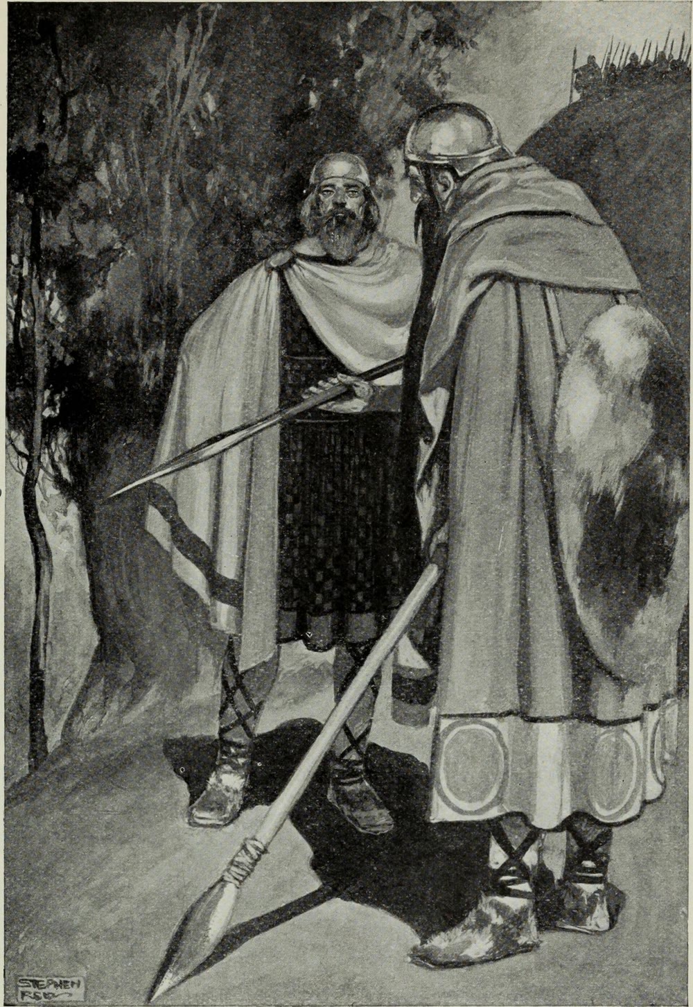 Black-and-white illustration of two cloaked warriors facing each other on a woodland path, a bearded man in a pale cloak holding a spear crosswise and a helmeted man seen from behind, with a line of spearmen on a hill beyond