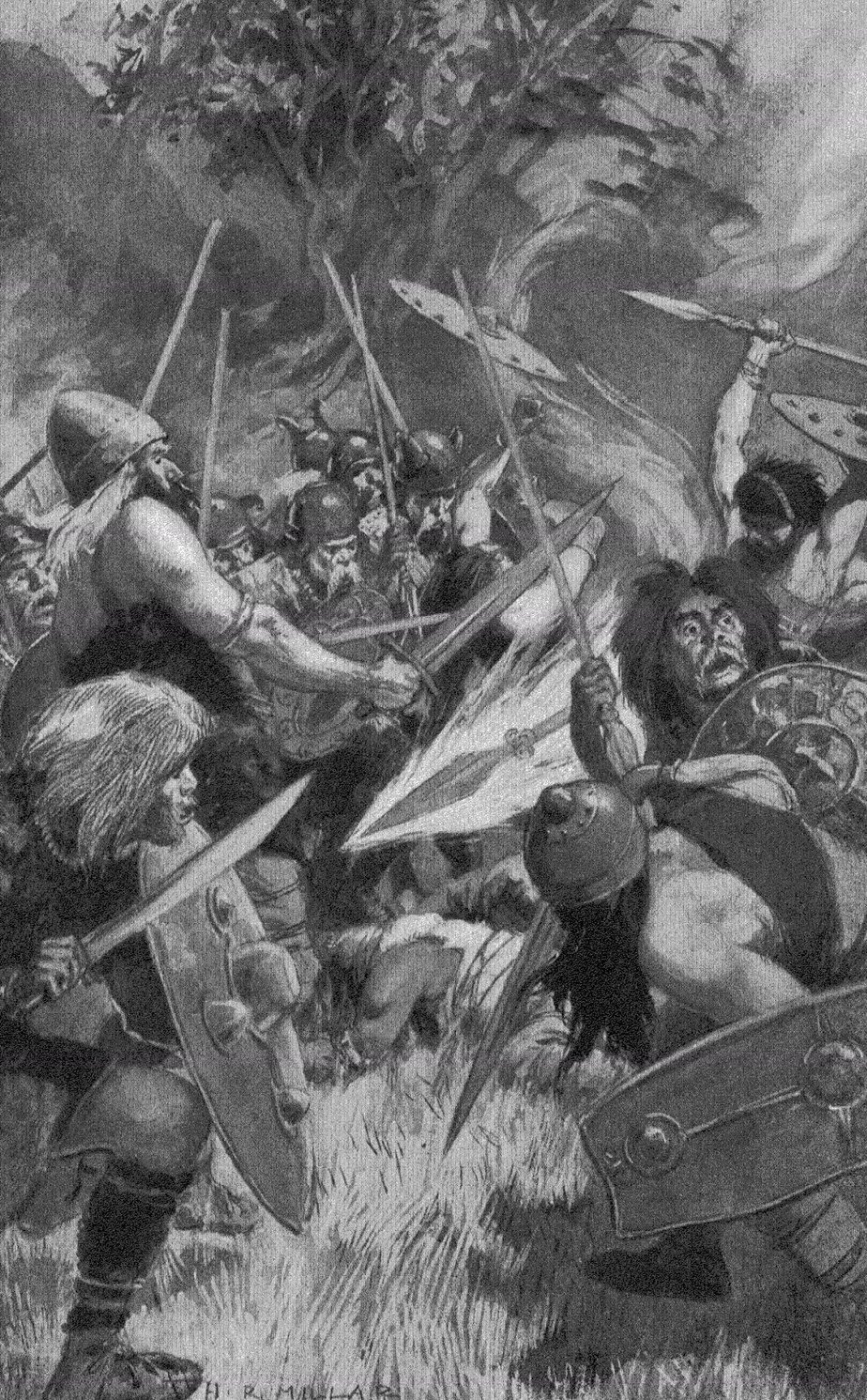Black-and-white drawing of a fierce battle in a wood, with a blazing spear flying through a crowd of helmeted warriors and a long-haired fighter recoiling behind his shield