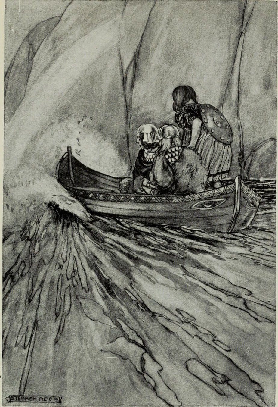 Black-and-white illustration of three warriors, two in helmets and one with a round shield on his back, in a small decorated boat surging through a rough sea below towering rocks