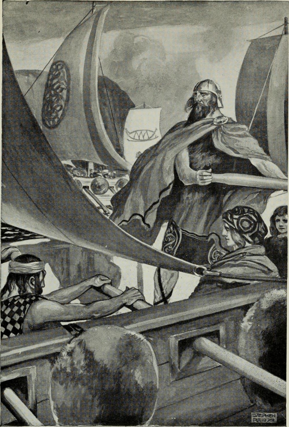 Black-and-white illustration of a bearded chieftain in a helmet and flowing cloak standing aboard a ship, with an oarsman below him, a woman and a child beside him and more ships with patterned sails behind