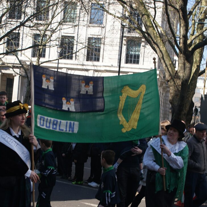 View of a Dublin flag in the St. Patrick's Day Parade