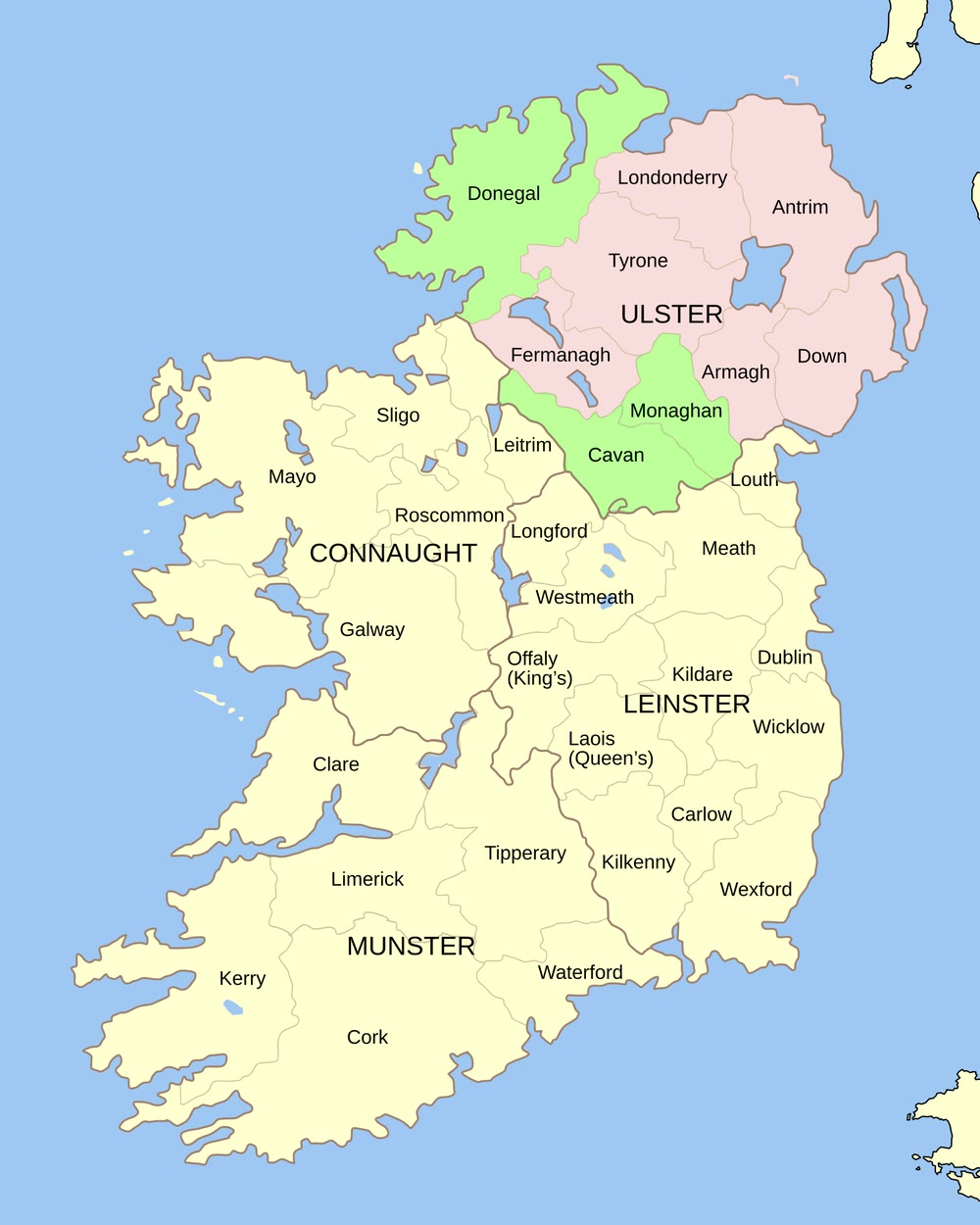 Map of Ireland's counties and four provinces, with Ulster's nine counties highlighted: Londonderry, Antrim, Tyrone, Fermanagh, Armagh and Down in pink, and Donegal, Monaghan and Cavan in light green